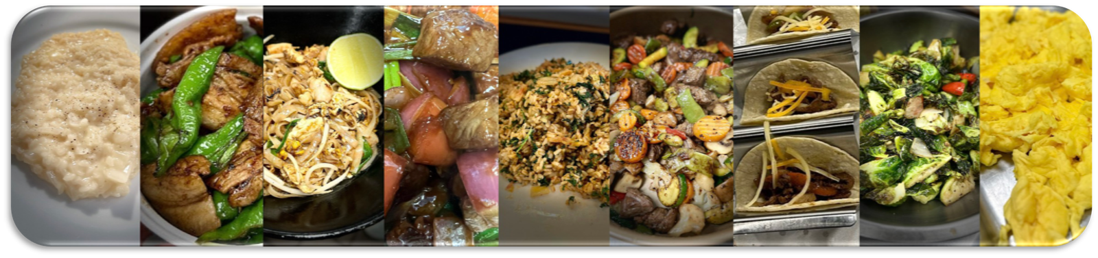 Nine dishes cooked by Robby One — rice, stir-fries, noodles, stews, tacos, and eggs