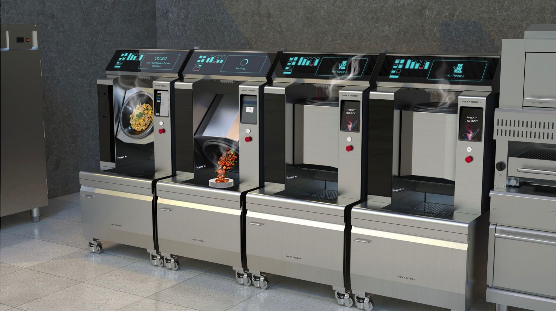 Four Robby One cooking systems arranged side by side